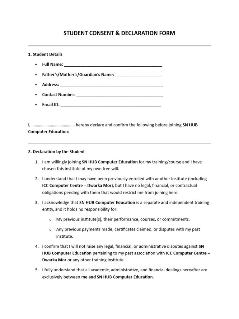 Student Consent Form for SN HUB Enrollment | PDF | Indemnity | Law Of ...
