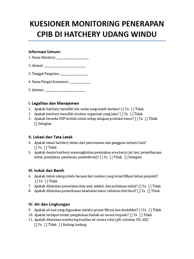 Kuesioner Penerapan CPIB Hatchery Udang | PDF