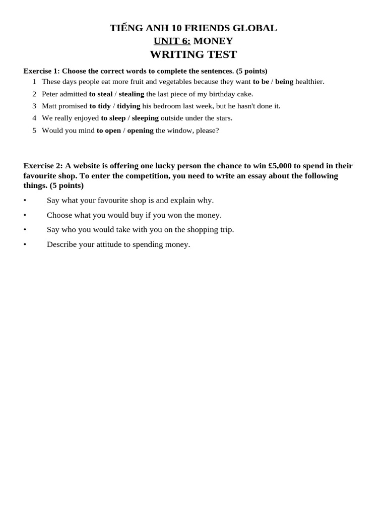 English 10 Unit 6 Writing Test Guide | PDF