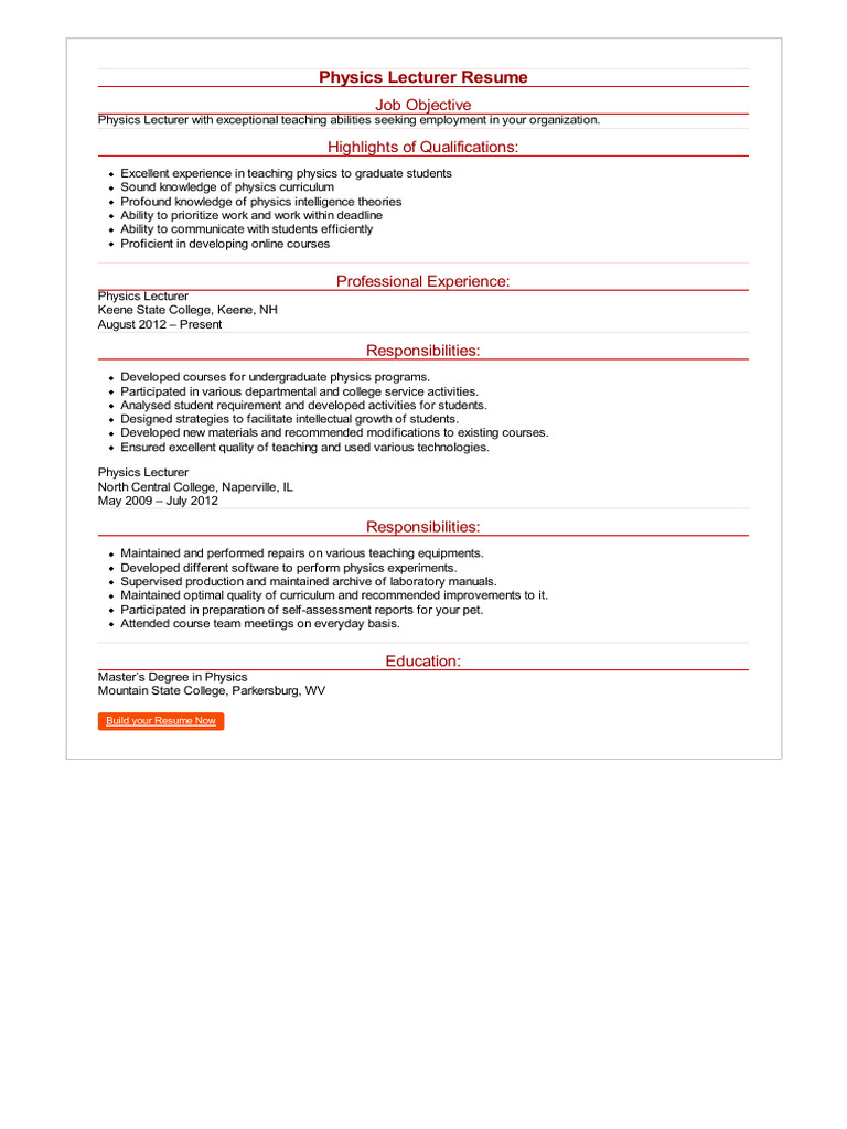 Physics Lecturer Resume Sample | PDF