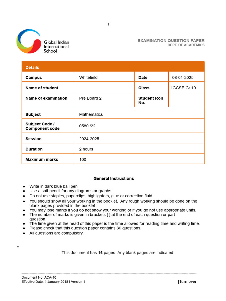 IGCSE Grade 10 Mathematics Pre Board 2 | PDF | Area | Angle