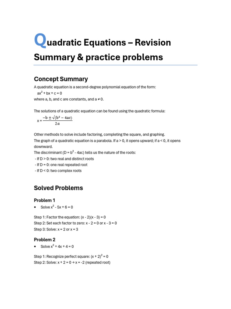 Quadratic Equations Explained - Theory, Worked Examples, and Practice ...