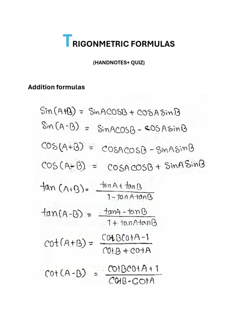 Trigonometric Formulas and Quiz Guide | PDF