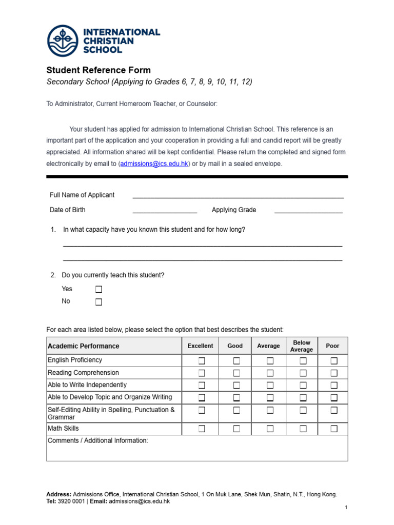 Student Reference Form for ICS Admission | PDF