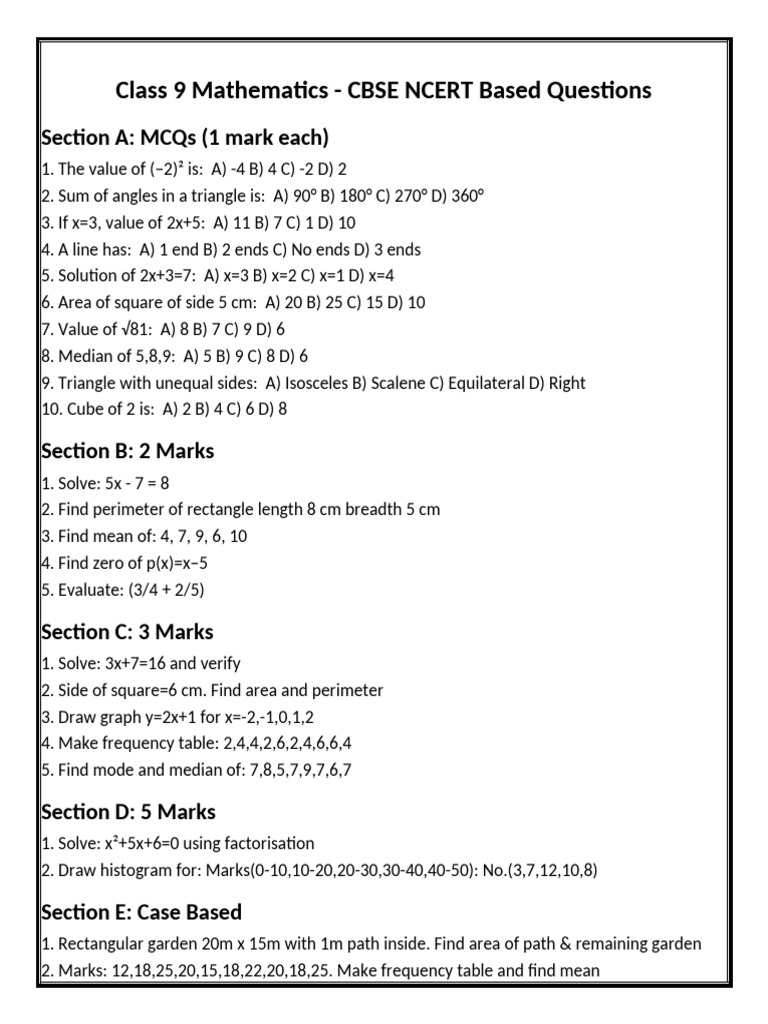 Class9 Maths Questions OnePage | PDF