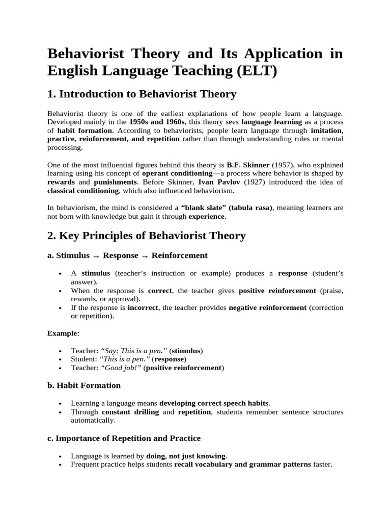 Behaviorist Theory and Its Application in English Language Teaching ...