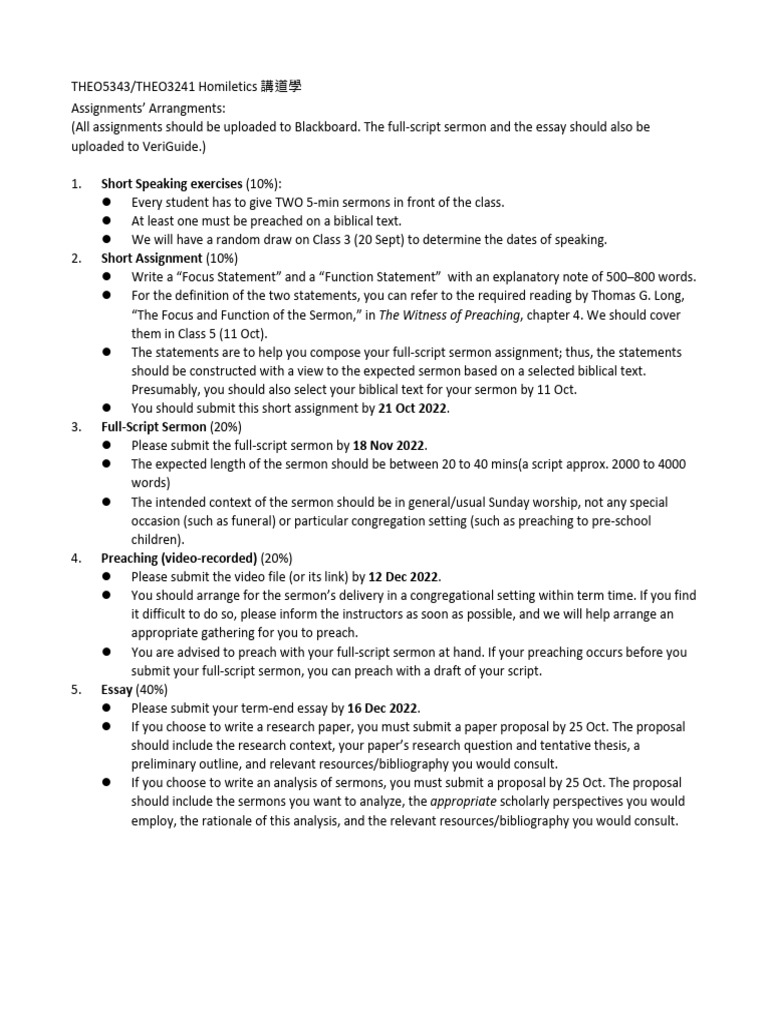 Homiletics Course Assignments Guide | PDF | Sermon | Essays