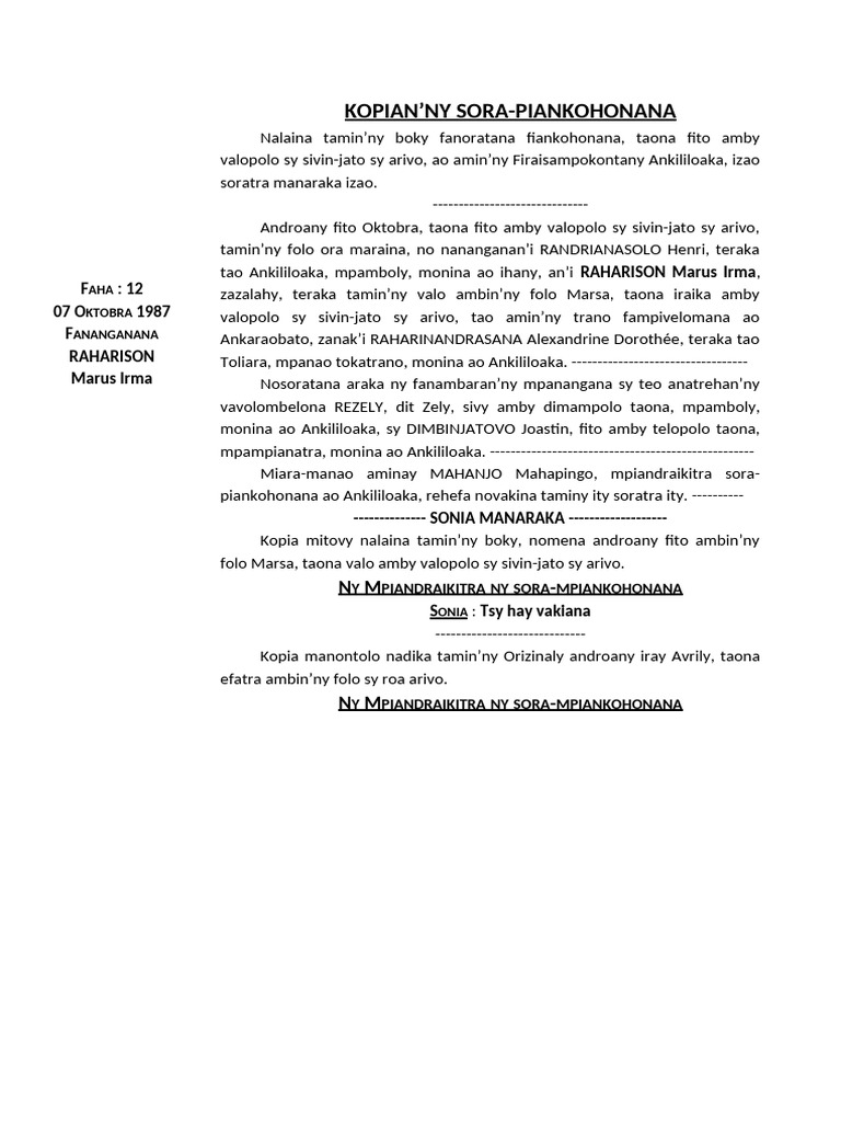 Acte de naissance de Marus Irma | PDF
