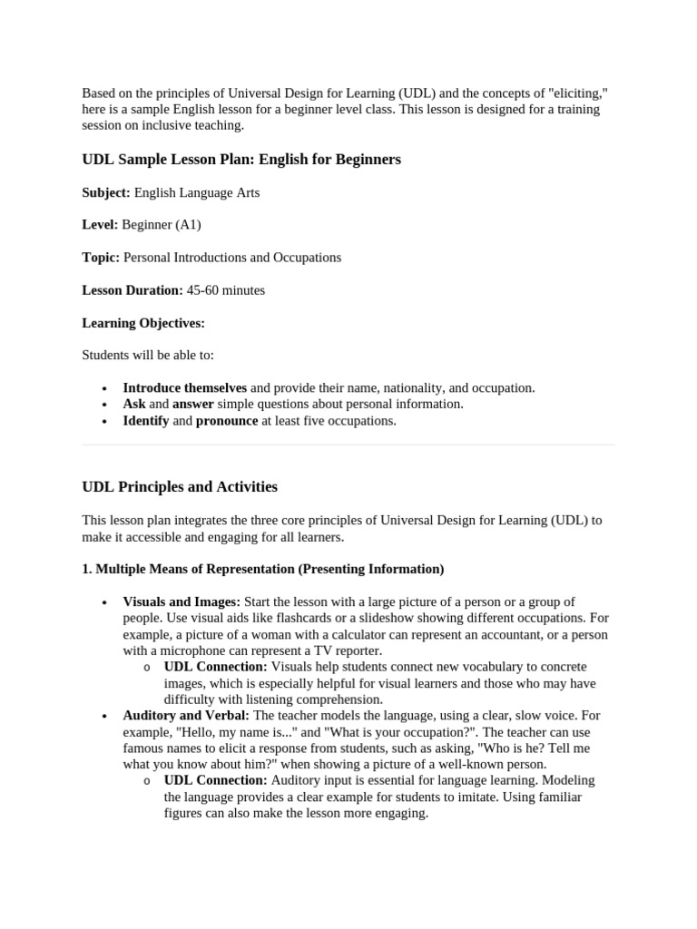 UDL Lesson Plan: English for Beginners | PDF | Learning | Vocabulary