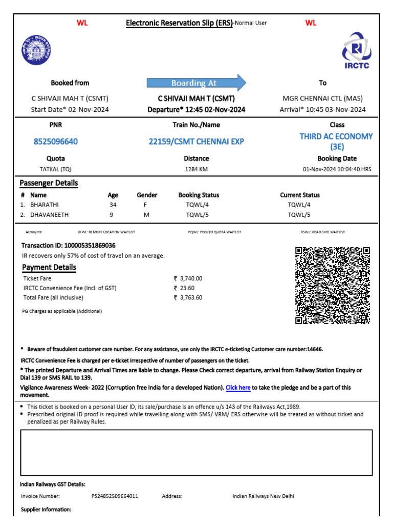 22159/Csmt Chennai Exp Third Ac Economy (3E) : WL WL | PDF | Identity ...