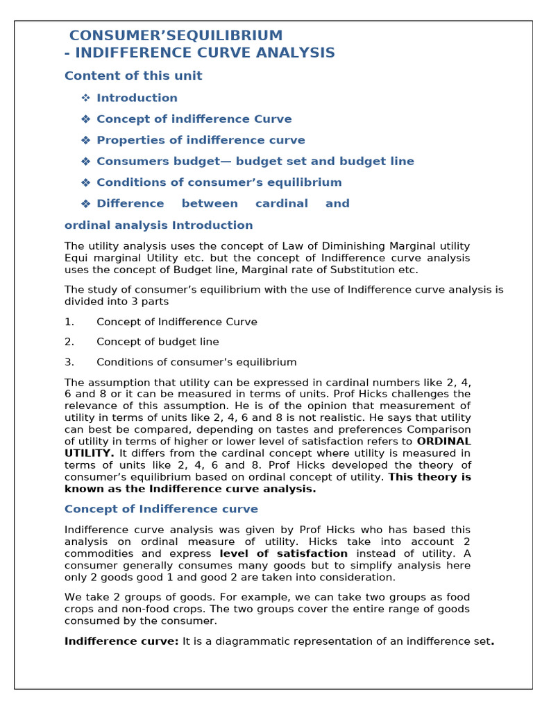 Indifference Curve Analysis Explained | PDF | Utility | Economics
