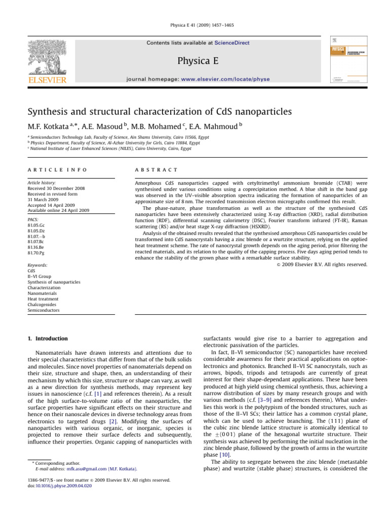 Synthesis and Characterization of CdS Nanoparticles | PDF ...