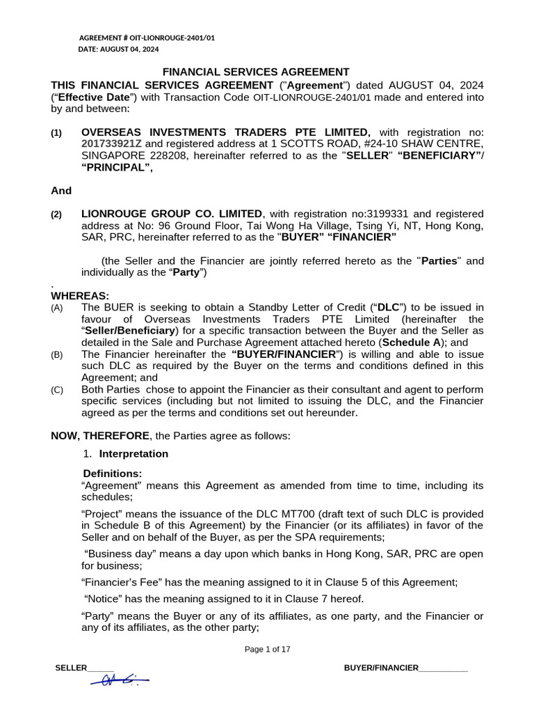 Financial Services Agreement for DLC | PDF | Payments | Arbitration