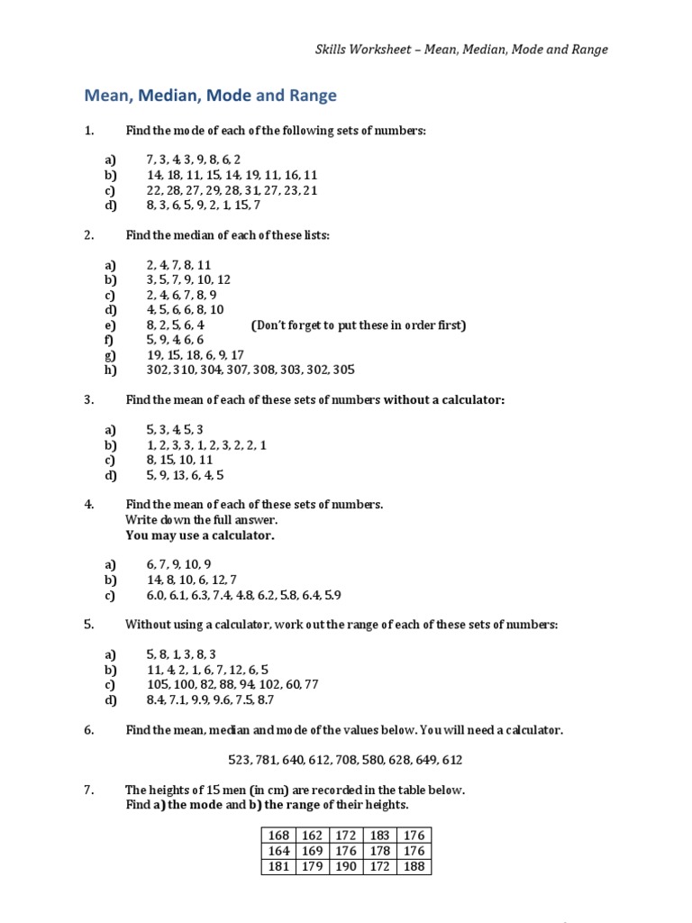 Mean, Median, Mode and Range Worksheet  PDF With Measures Of Central Tendency Worksheet