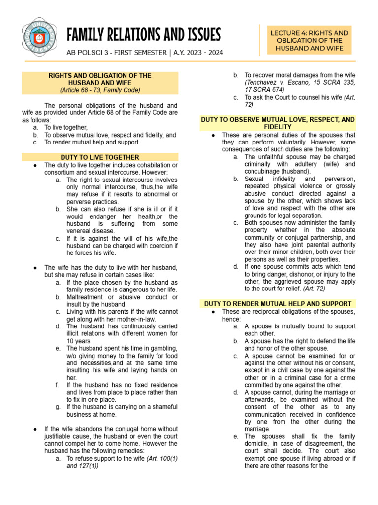Rights and Duties of Spouses | PDF | Husband | Marriage
