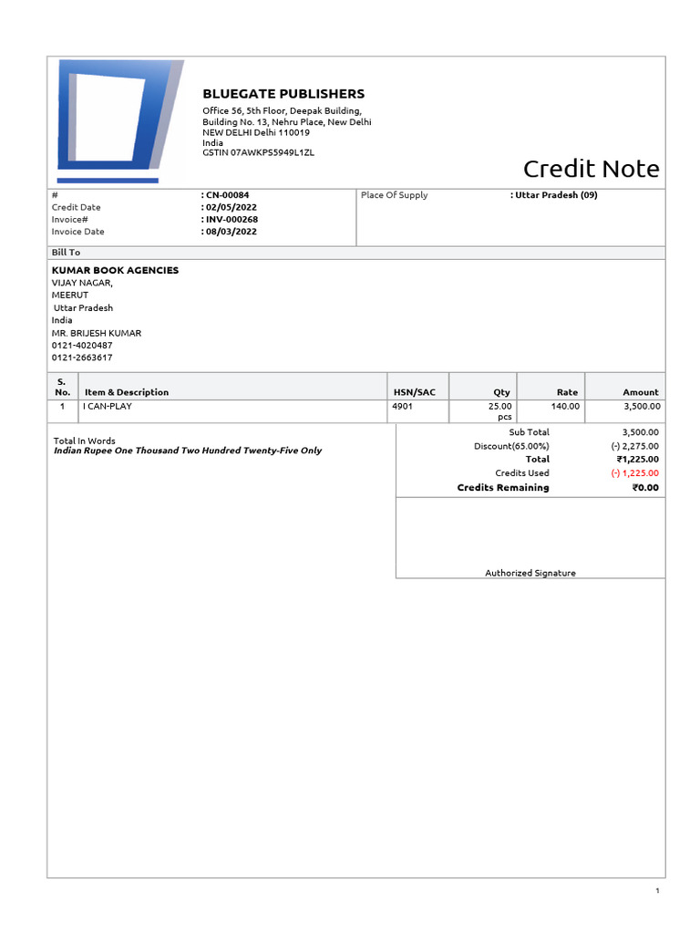Credit Note for Invoice INV-000268 | PDF