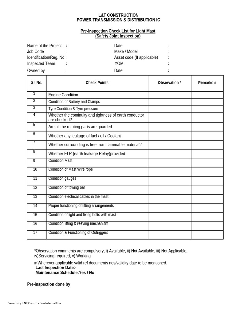 Light Mast Pre-Inspection Checklist | PDF | Electric Power | Electrical ...