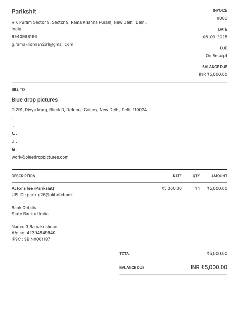 Invoice for Actor's Fee - ₹5,000.00 | PDF