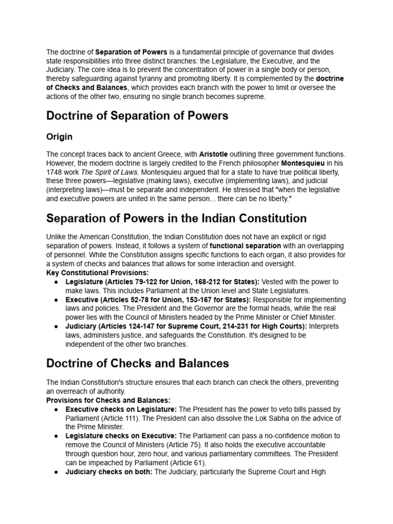 Separation of Powers Between Various Organs-Doctri... | PDF ...