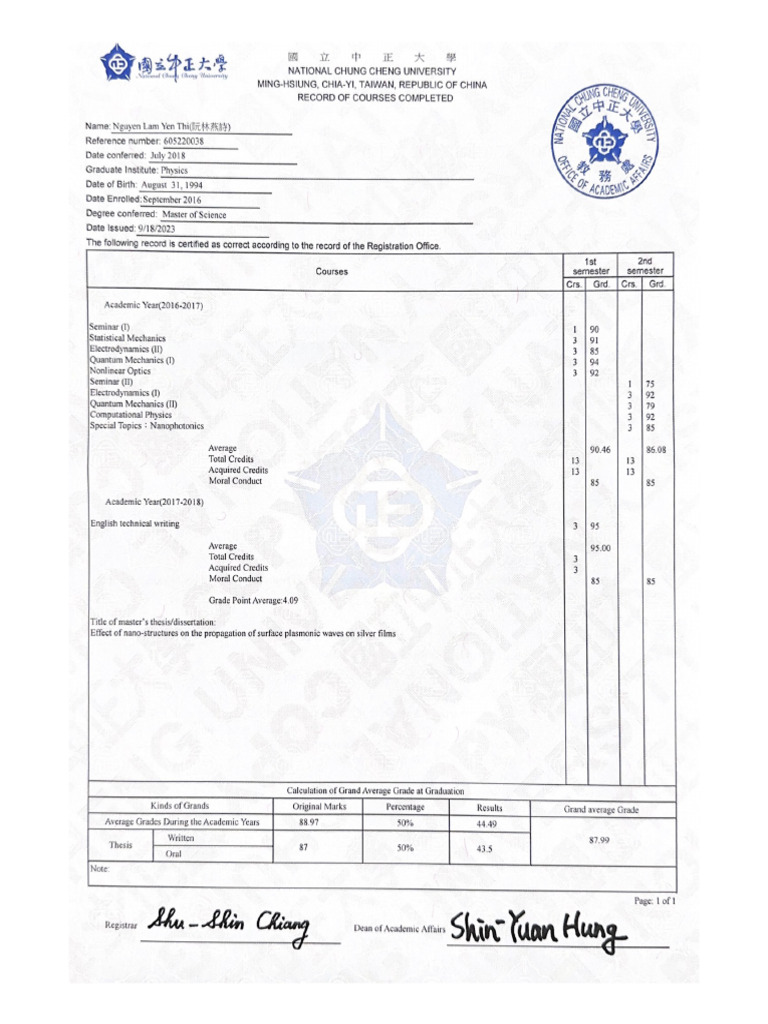 Transcript Master Degree | PDF