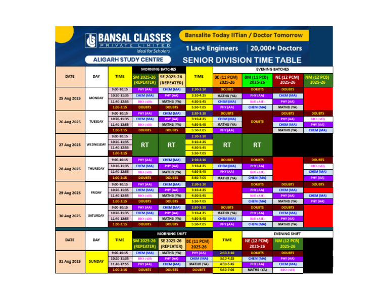 BCPL Aligarh - Class Schedule - Senior Division - 25 AUG To 31 AUG | PDF