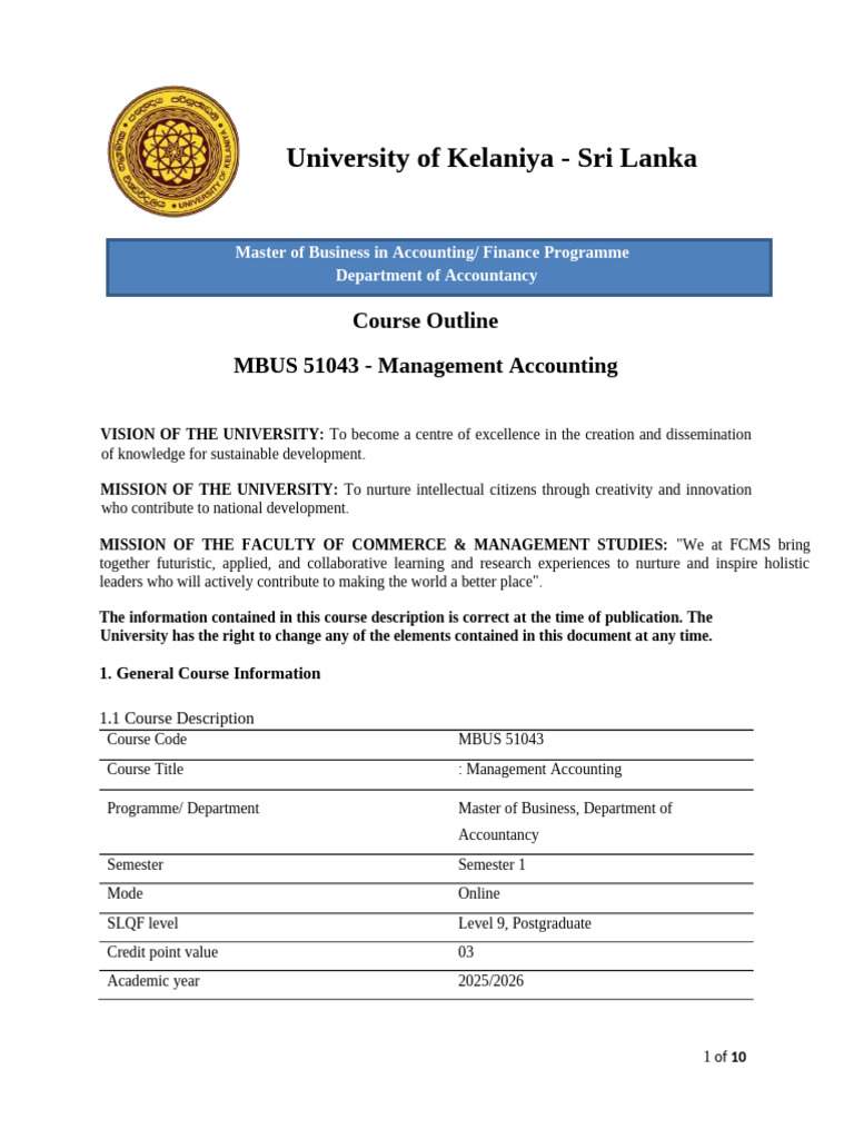 Management Accounting Course Outline | PDF | Net Present Value ...