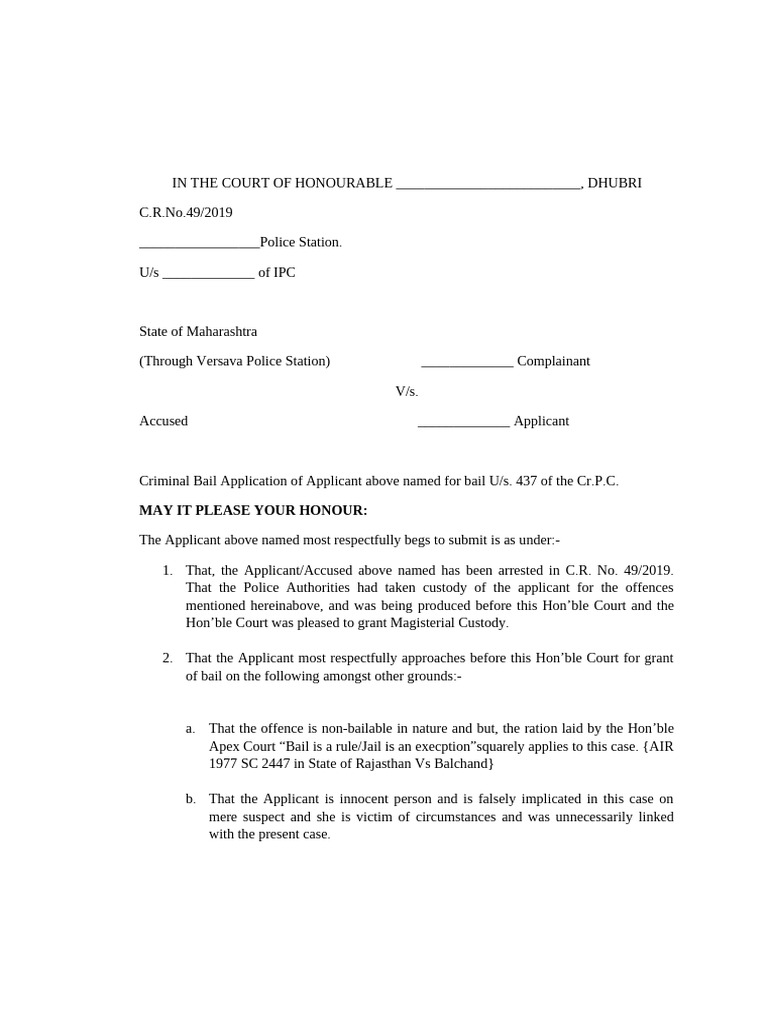 Bail Application Under Section 437 CrPC | PDF | Bail | Justice