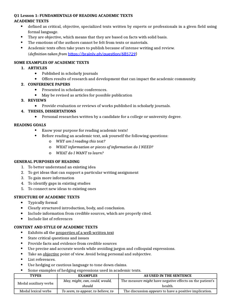 Fundamentals of Reading Academic Texts | PDF | Verb | Cognitive Science