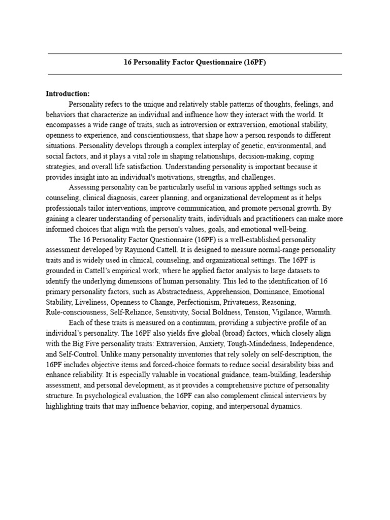 16PF Personality Assessment Report | PDF | Cognition | Social Psychology
