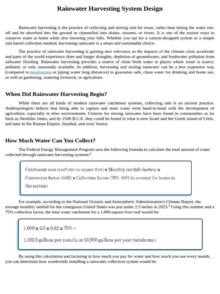 Rainwater Harvesting System Design | PDF | Water | Stormwater