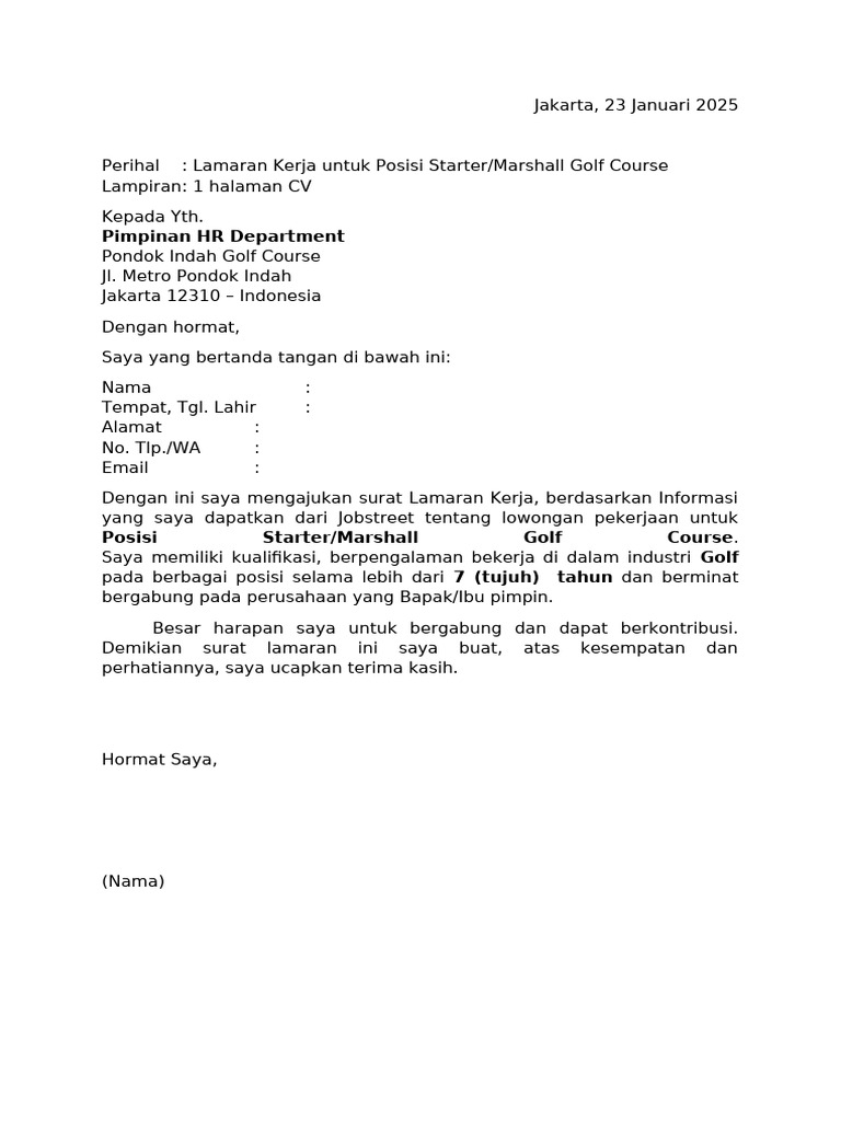 Surat Lamaran Kerja untuk Golf Course | PDF