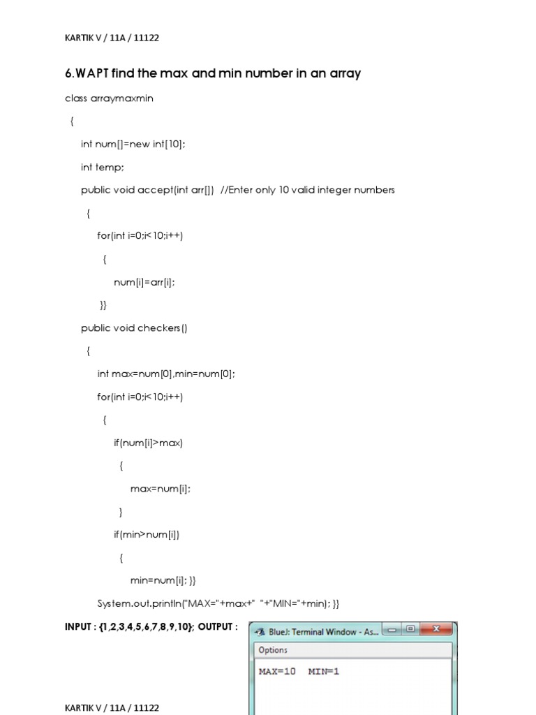 6.WAPT Find The Max and Min Number in An Array: INPUT: (1,2,3,4,5,6,7,8 ...
