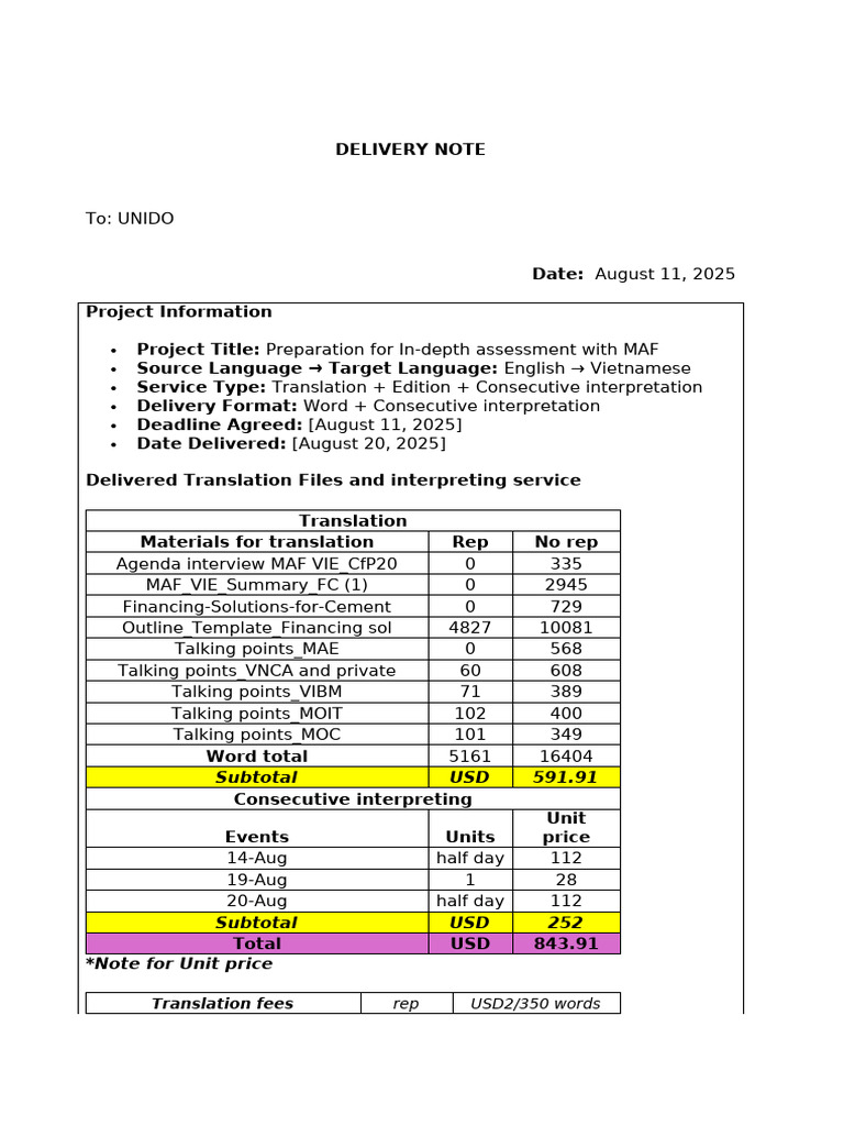 Delivery Note for Translation Services | PDF | Vietnam