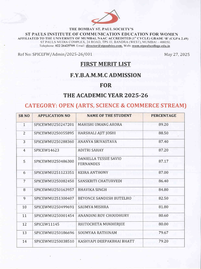 First Merit List Fybammc | PDF