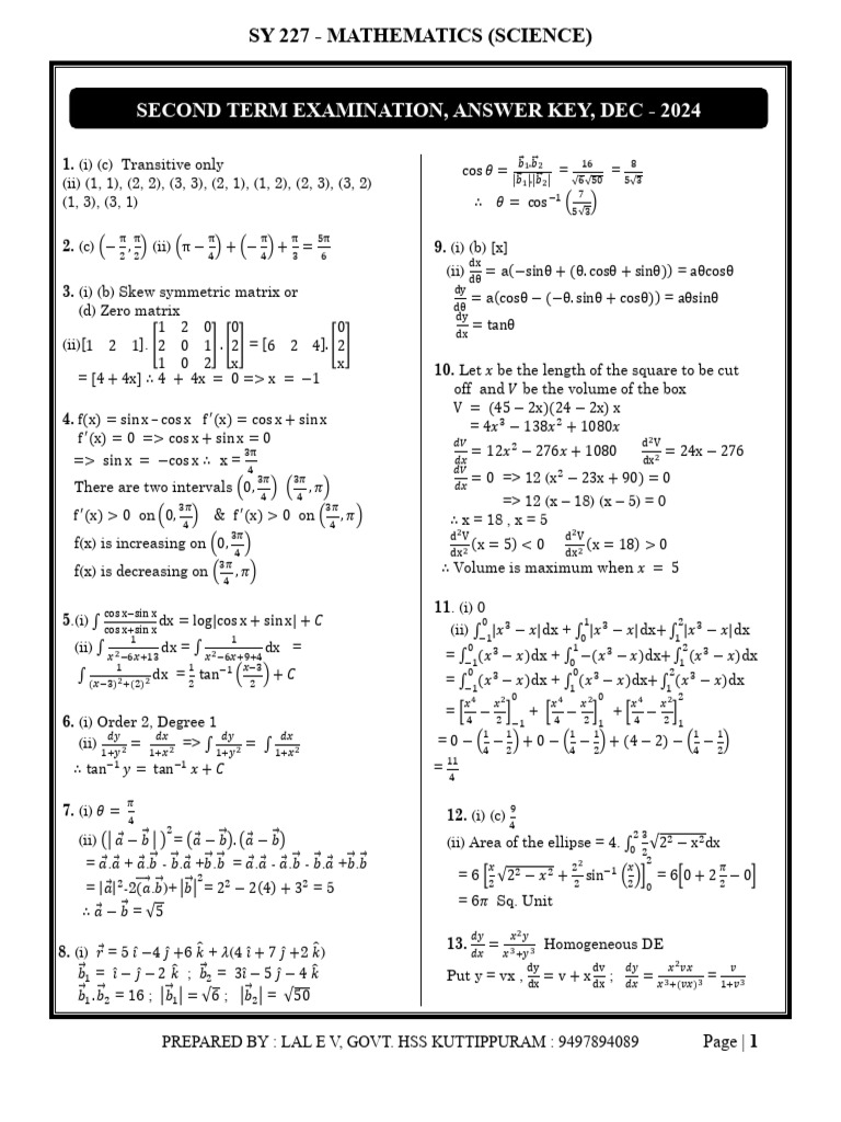 Mathematics Exam Answer Key 2024 | PDF | Linear Algebra | Algebra