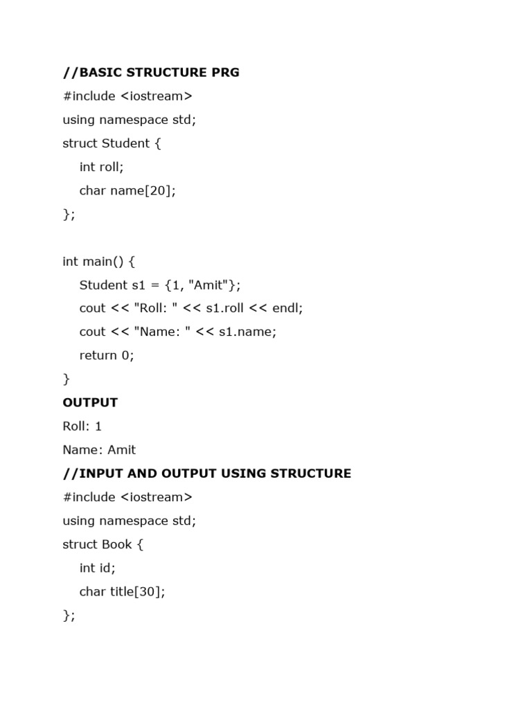 C++ Structure Examples and Outputs | PDF