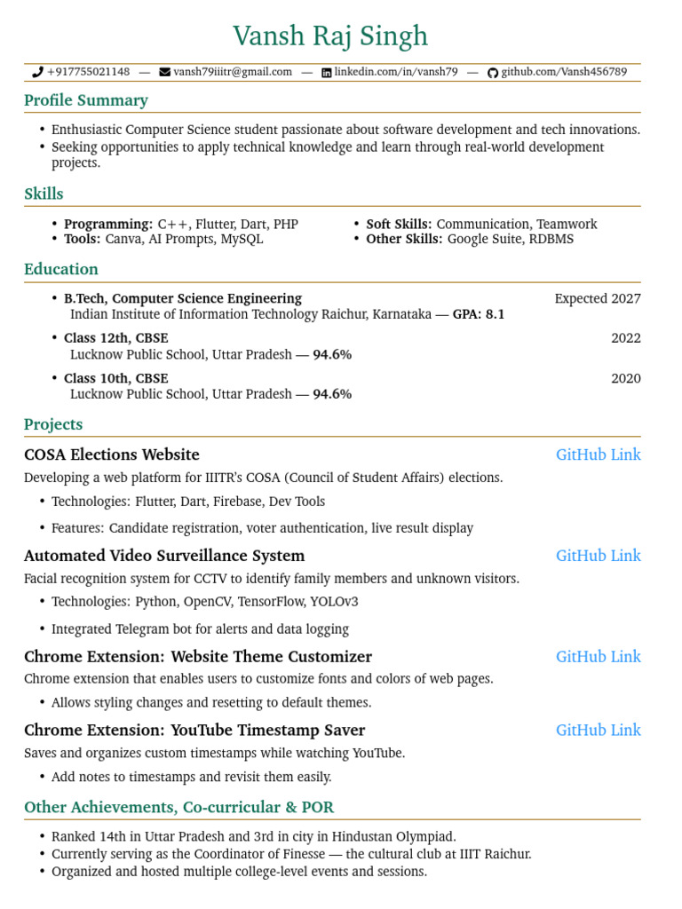 Vansh Raj Singh: Profile Summary | PDF