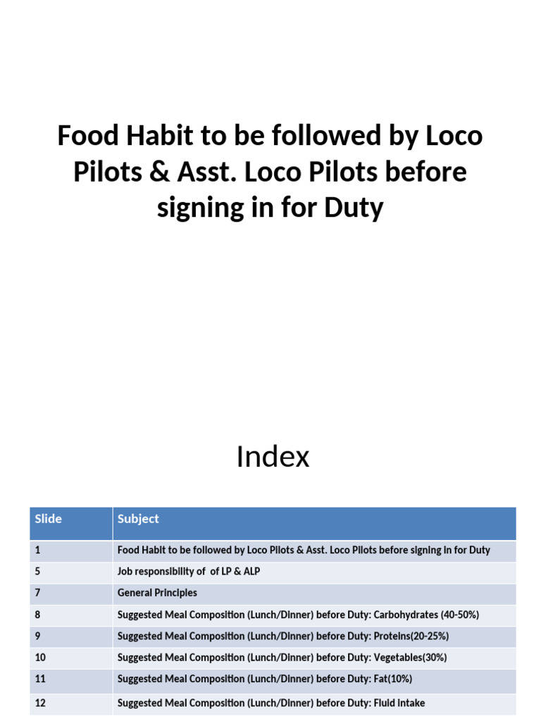 Pre-Duty Nutrition Guide for Loco Pilots | PDF | Meal | Lunch