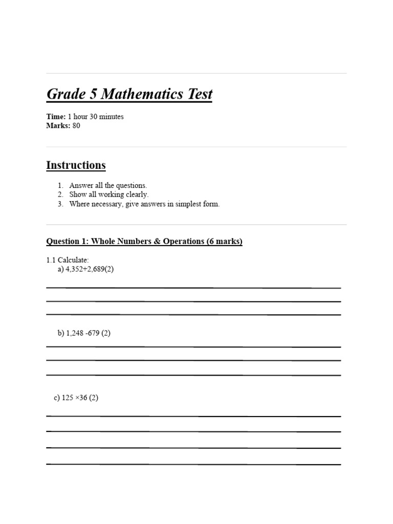 Grade 5 Maths Exam Paper and Answers | PDF | Area | Rectangle