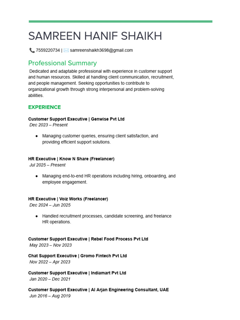 Customer Support & HR Professional Profile | PDF