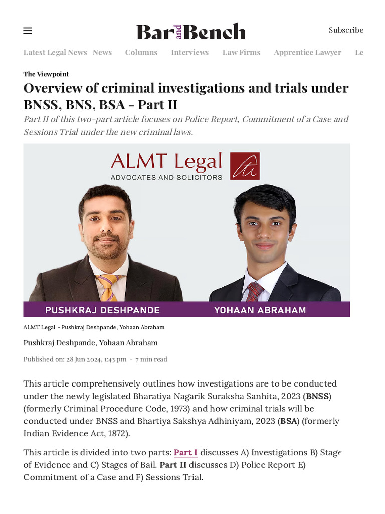 Overview of Criminal Investigations and Trials Under BNSS, BNS, 2 | PDF ...