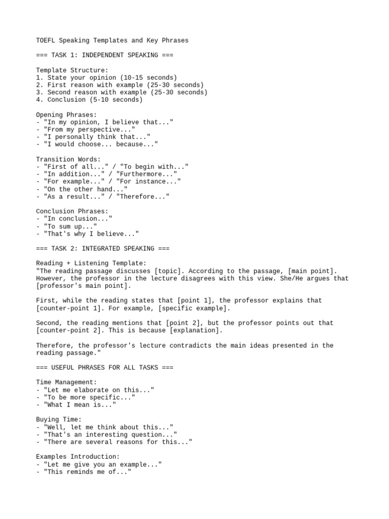 Toefl Speaking Templates Pdf
