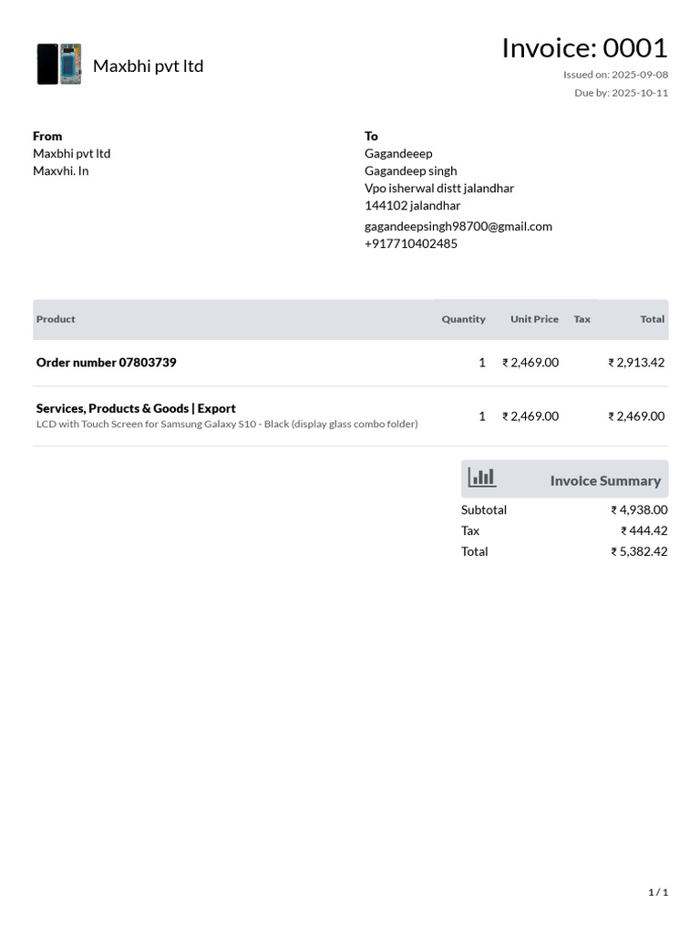 Invoice for Samsung Galaxy S10 LCD | PDF
