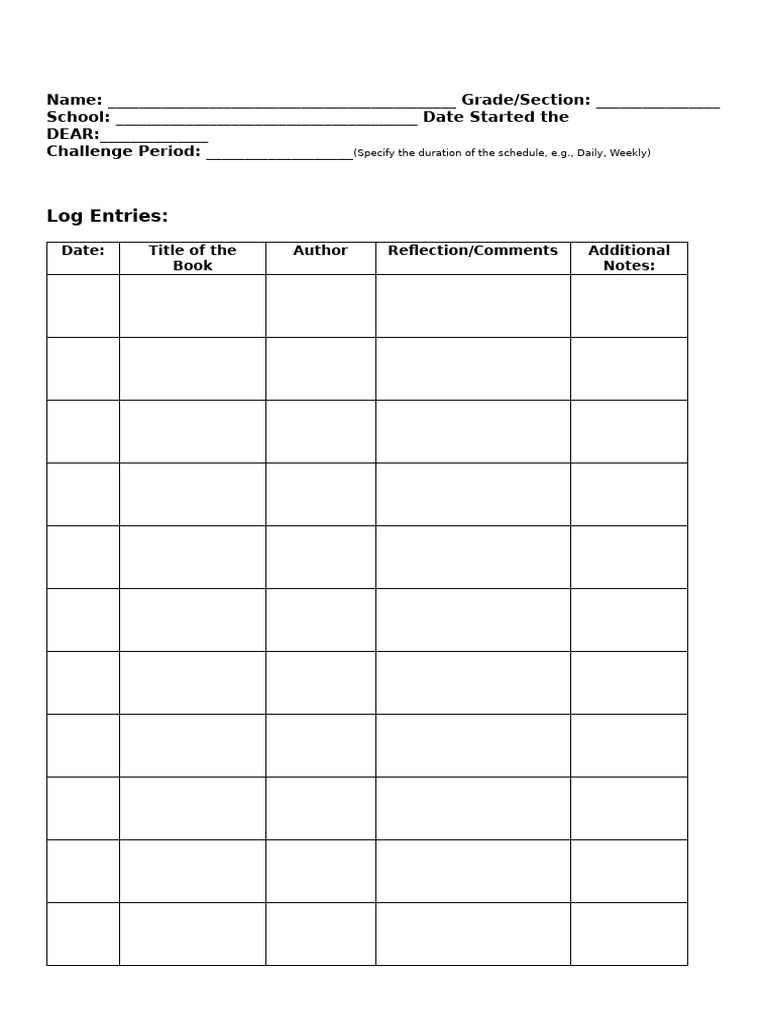 Reading Log Template for Students | PDF