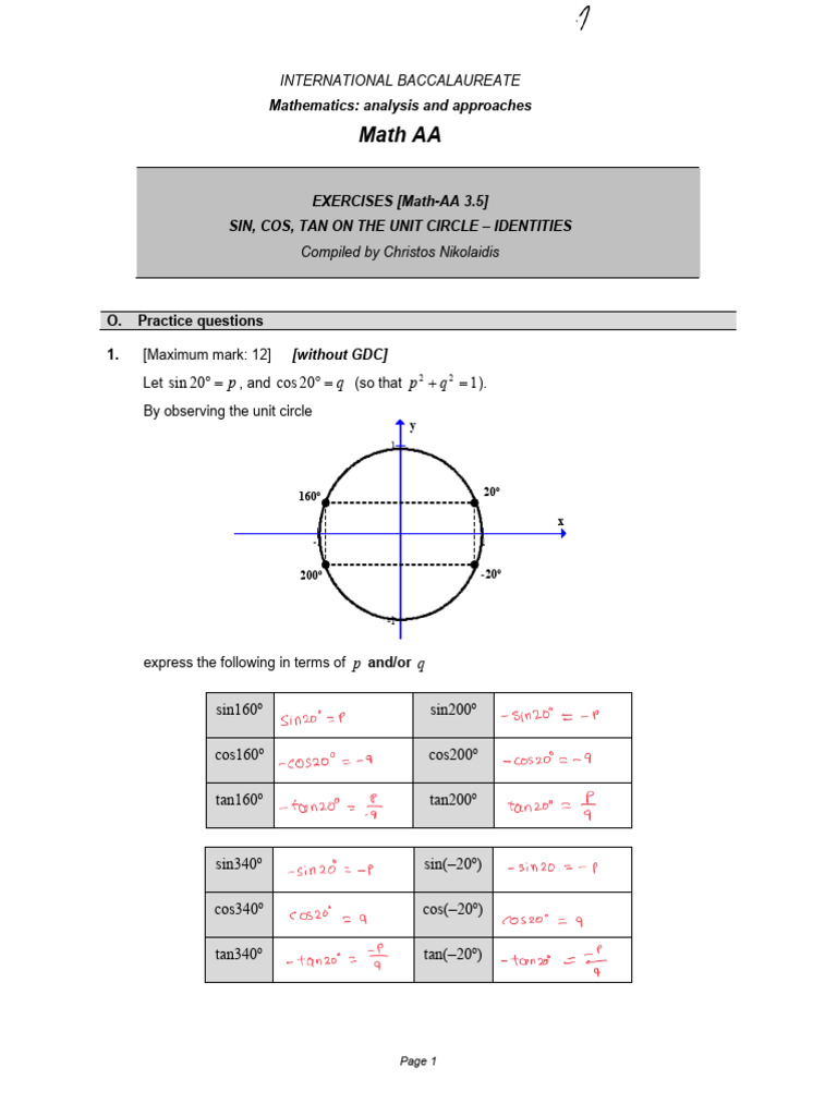(Math-Aa 3.5) Sin, Cos, Tan On The Unit Circle - Identities | PDF ...