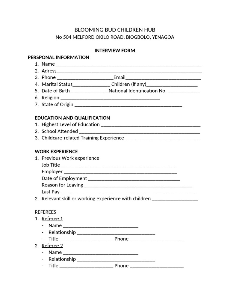 Blooming Bud Children Hub Interview Form | PDF