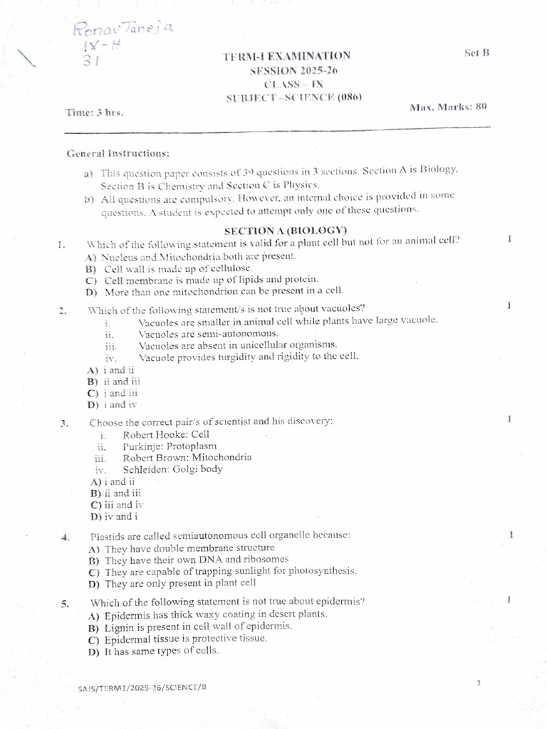 Class IX Science Exam Paper 2025-26 | PDF | Solid | Melting Point