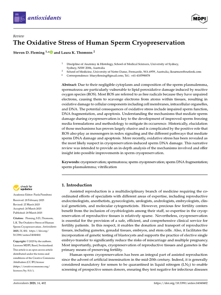 Oxidative Stress in Sperm Cryopreservation | PDF | Reactive Oxygen ...