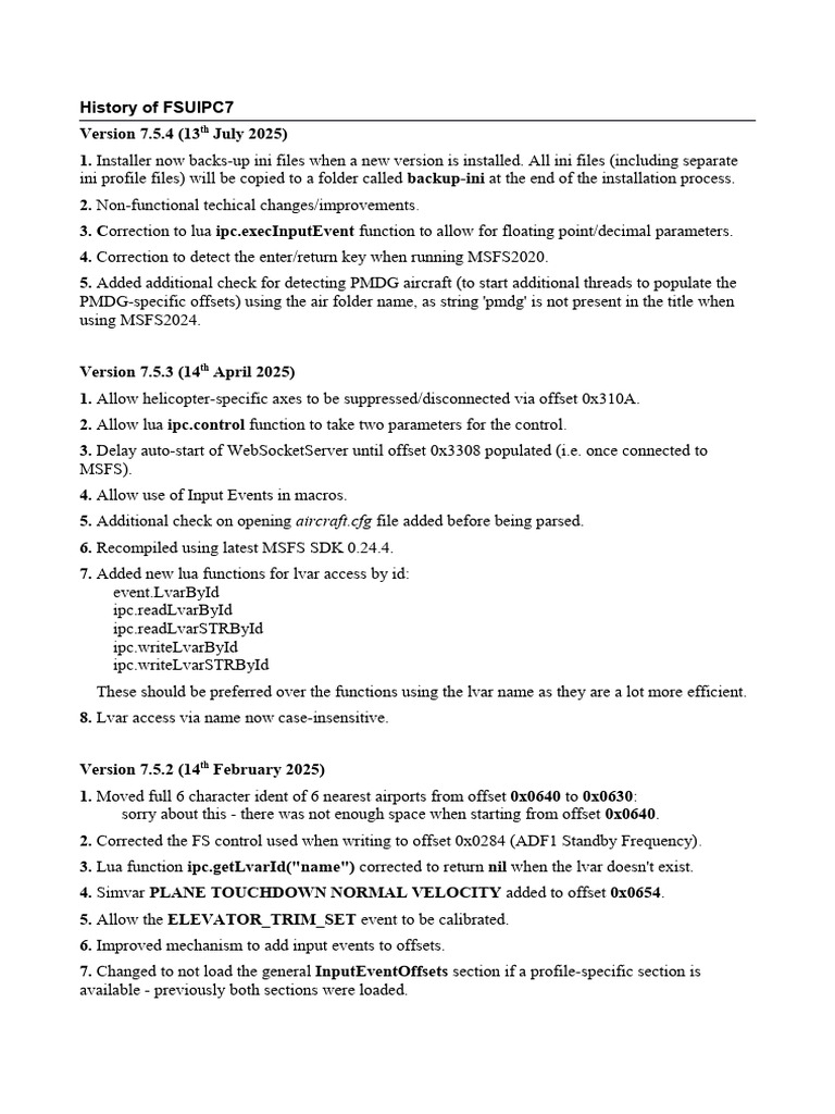 FSUIPC7 Update History and Features | PDF | Parameter (Computer ...