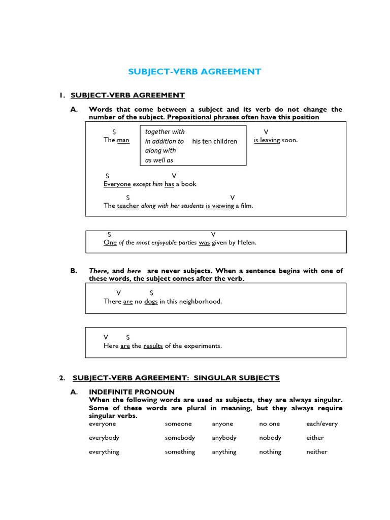 Subject Verb Agreement Material | PDF | Grammatical Number | Plural
